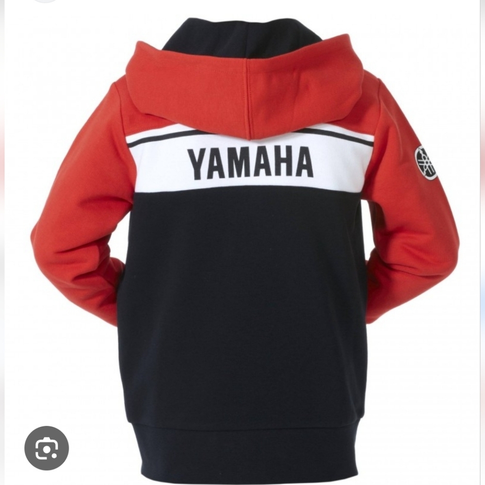 Yamaha zip-up hoodie features a distinctive tricolor design with a red upper sec